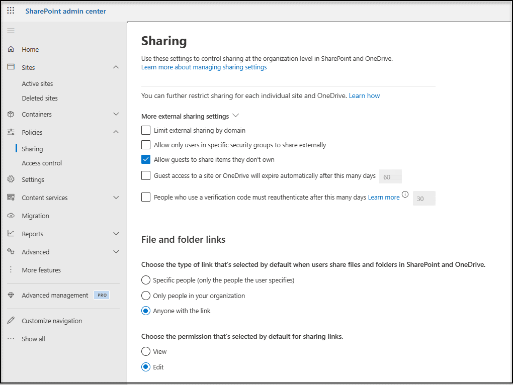 Microsoft SharePoint Admin Center: Tenant-Level - More External Sharing Settings and Permission for SharePoint and OneDrive