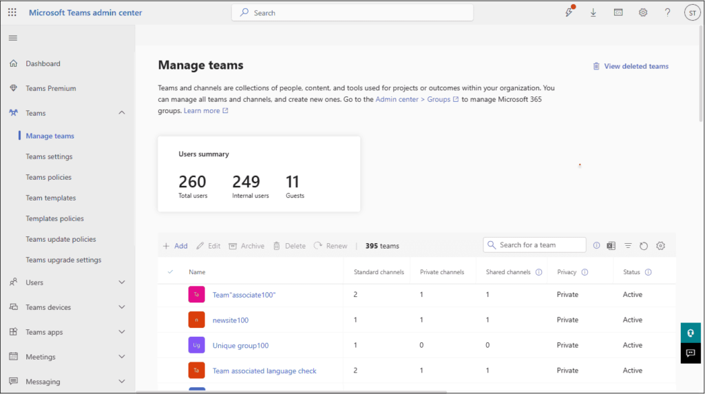 Microsoft Teams Admin Center Manage Teams dashboard overview.