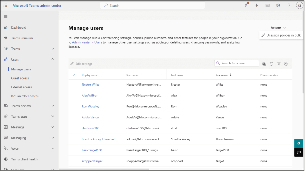 User management dashboard in M365 Teams Admin Center.
