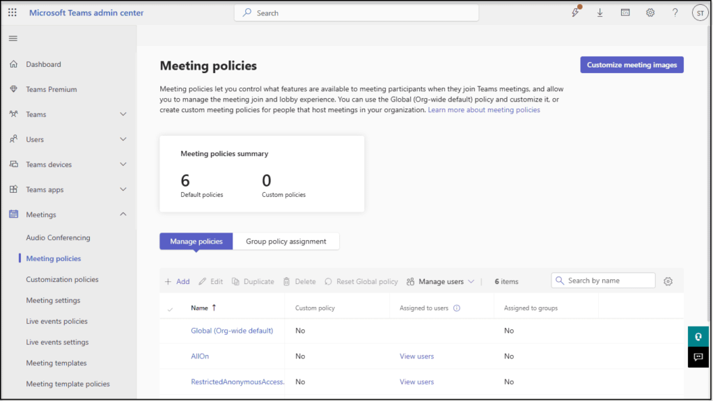 Teams Admin Center Meetings page showing default meeting policies.