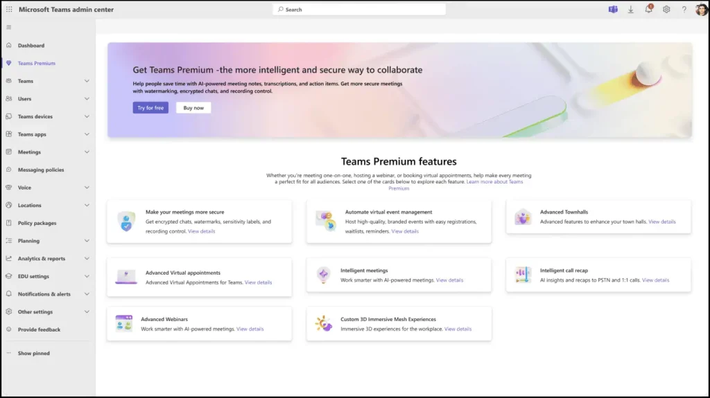 Microsoft Teams Admin Center page displaying Teams Premium features.