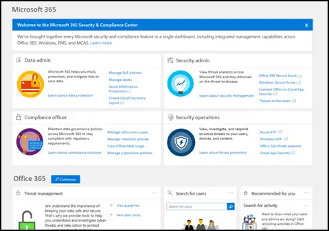 Microsoft 365 Security & Compliance Center dashboard overview.