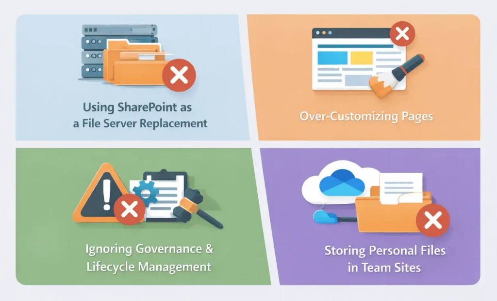 Common M365 SharePoint mistakes: using as file server, over-customizing pages, ignoring governance, storing personal files.
