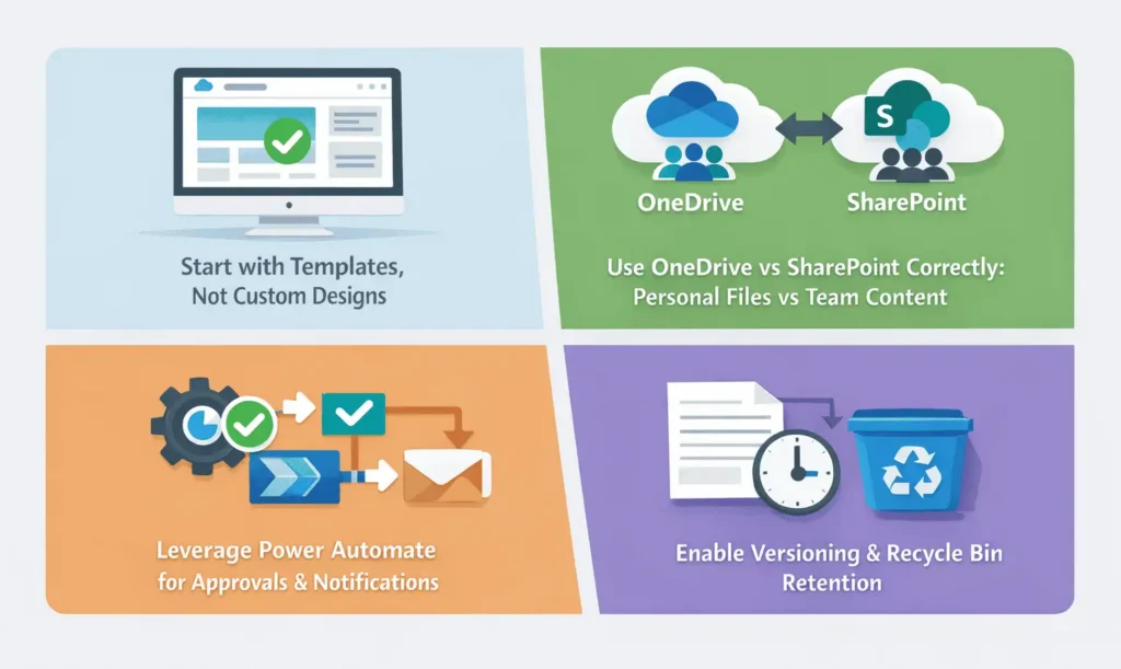 Use templates, manage files smartly, Power Automate (Flow) approvals and track changes efficiently in SharePoint Online.[