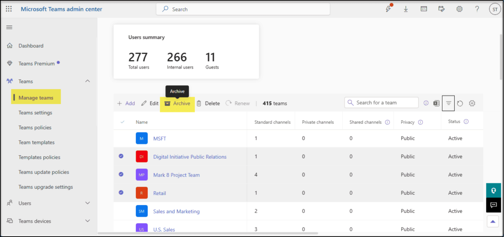 Microsoft Teams admin center Manage teams page with team list, user summary, and options to archive inactive Teams.