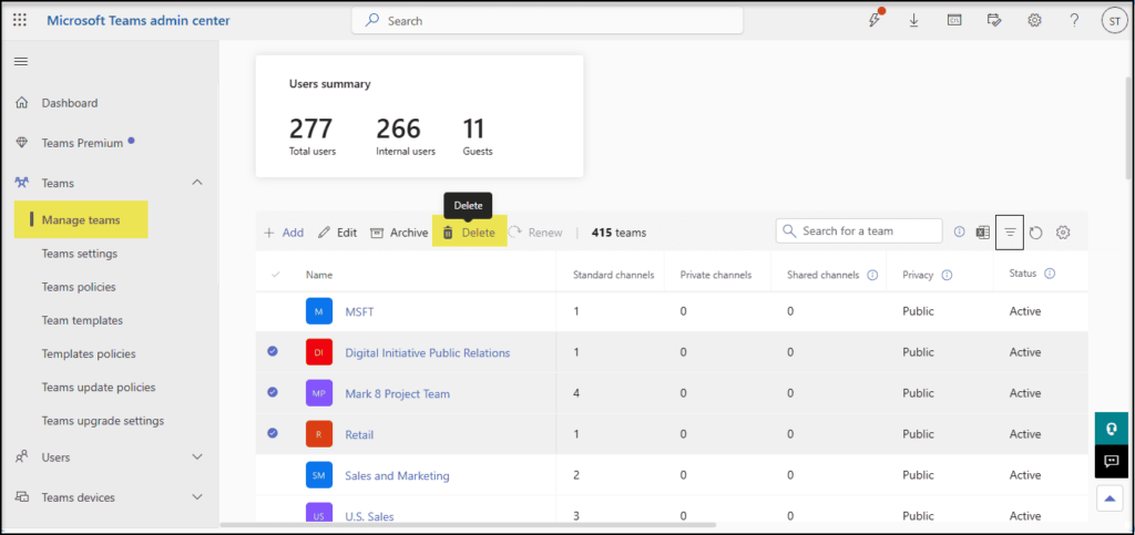 Microsoft Teams admin center Manage teams page with user summary, team list, and the Delete option selected for a team.