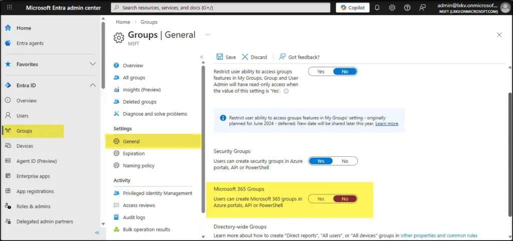 Microsoft Entra admin center Groups General settings showing Microsoft 365 Groups creation set to No for users.