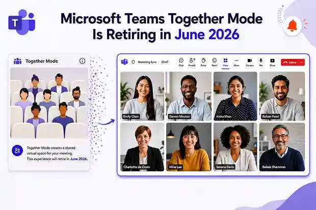 Microsoft Teams meeting layout update showing Together mode retirement and Gallery view as the main meeting layout