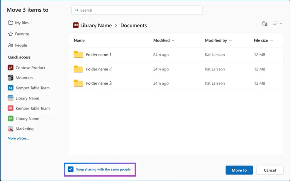 OneDrive Move to screen in Microsoft 365 showing Keep sharing during departing employee file transfer.