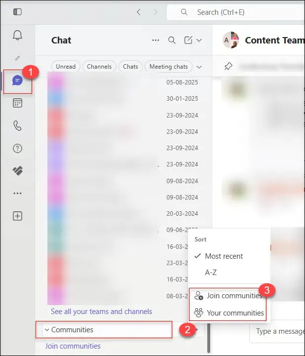 Viva Engage Communities in Microsoft Teams (Teams Chat) showing the Communities section with “Join communities” and “Your communities”