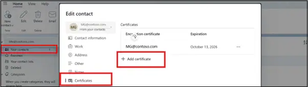 New Outlook contact settings showing Add certificate option for S/MIME