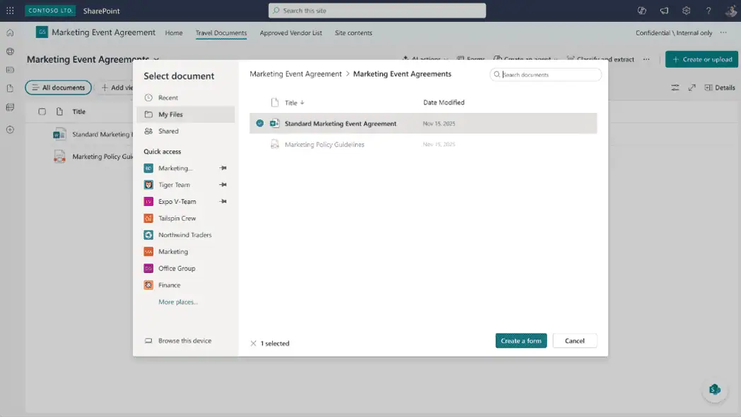 SharePoint document generation form setup: Choose the source Document Template.