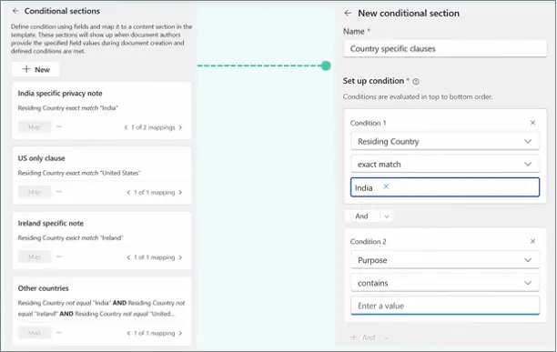 SharePoint document generation form setup: Configure conditional sections.