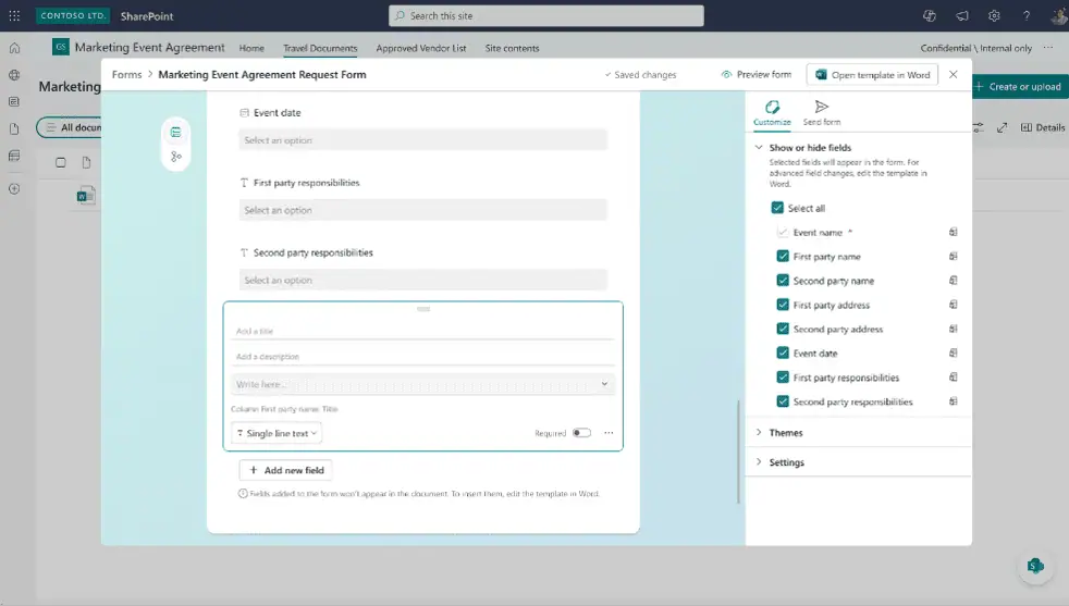 SharePoint document generation form setup: Configure field details.