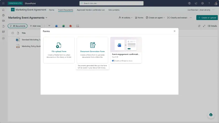 SharePoint option to create a document generation form from a Word template.