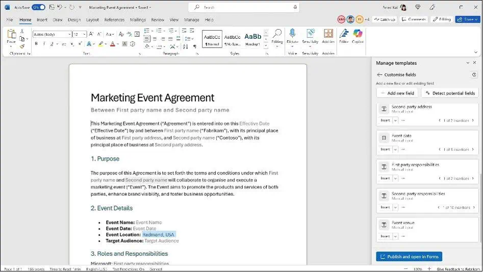 SharePoint document generation form setup: Customize the template from Word.