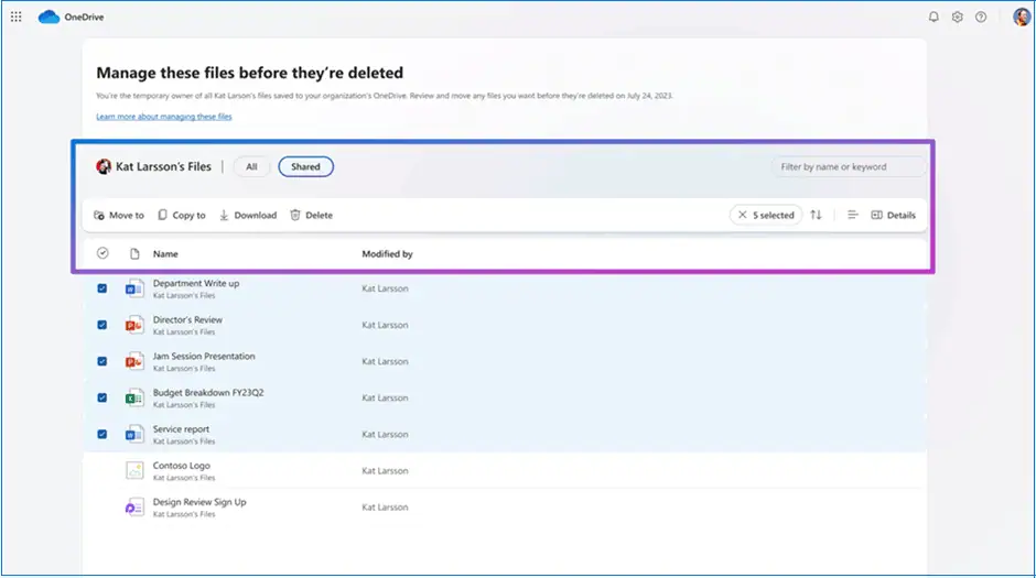 OneDrive Shared filter view in Microsoft 365 used to identify important files during employee offboarding.