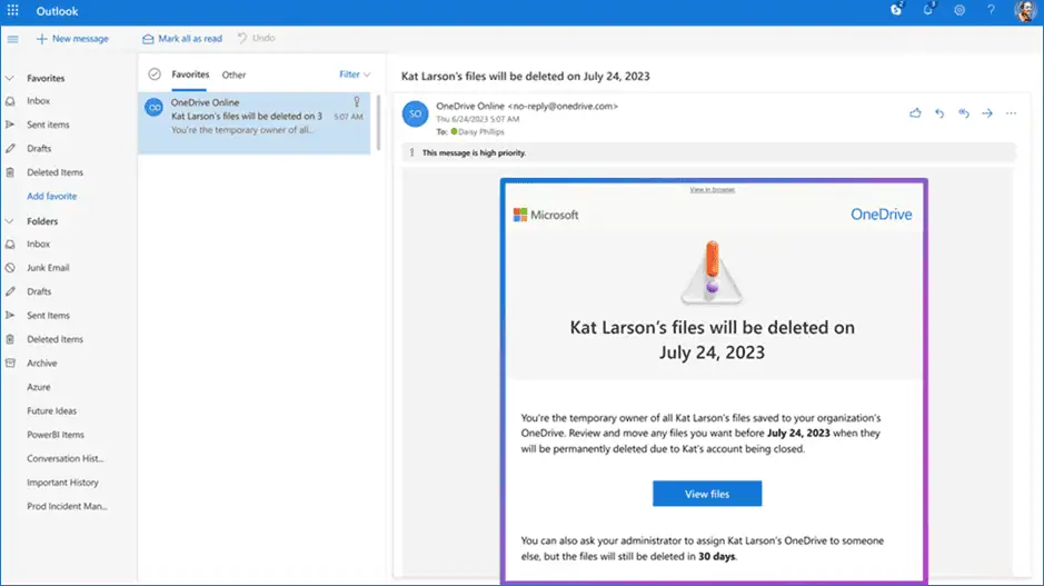 Microsoft 365 OneDrive offboarding notification email for departing employee file access and secure handover.