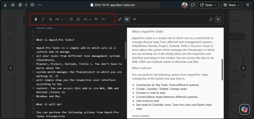 OneDrive and SharePoint browser view showing side by side Markdown editing, live preview, and built in formatting tools in Microsoft 365.