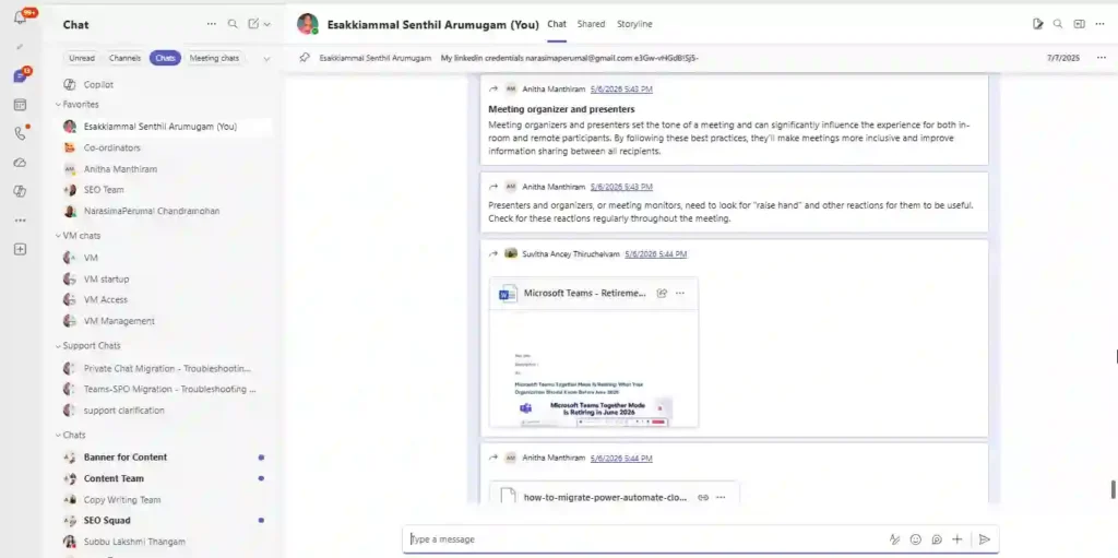 Microsoft Teams chat showing multiple forwarded messages displayed together after using multi-select forward, including text conversations and file previews in a single thread.