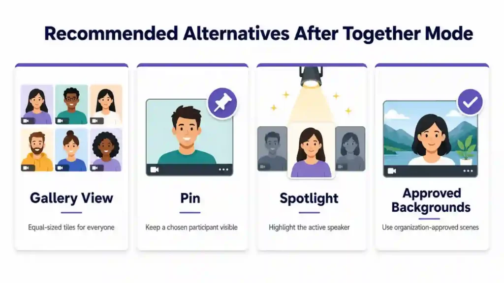 Alternative Microsoft Teams meeting layout options including Gallery, Pin, Spotlight, and backgrounds