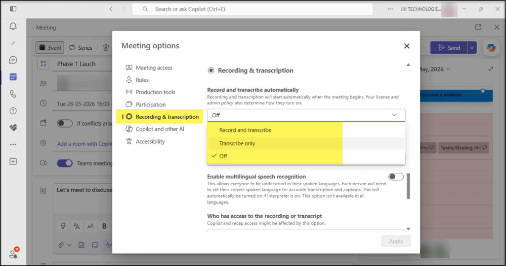 Microsoft Teams meeting “Recording & transcription” options showing Off, Record and transcribe, and Transcribe only.