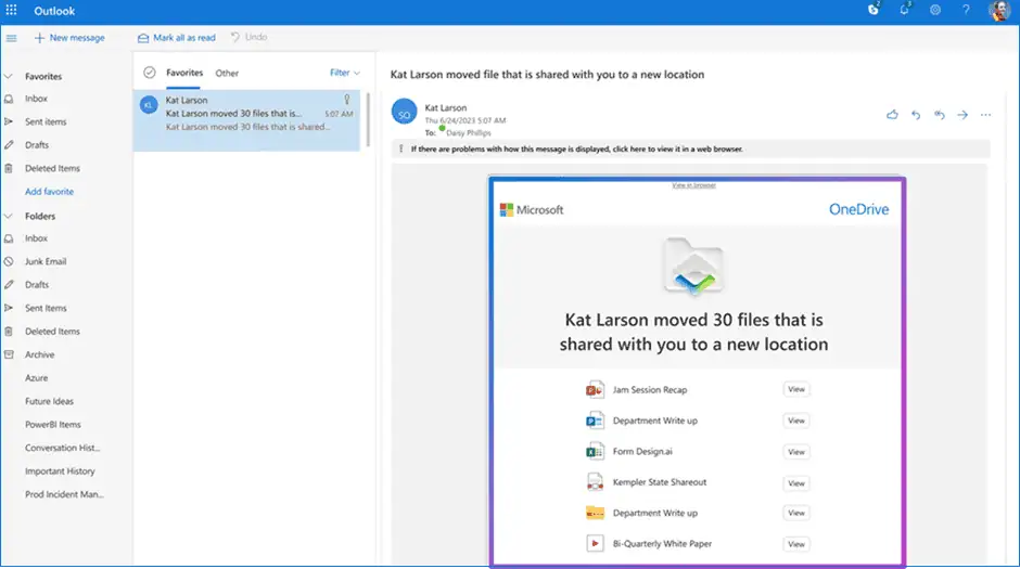 OneDrive collaborator notification in Microsoft 365 after bulk file transfer during departing employee offboarding.