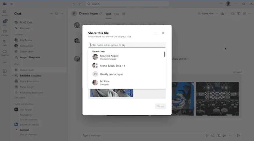 Quick Share for images feature inside Microsoft Teams conversation view.