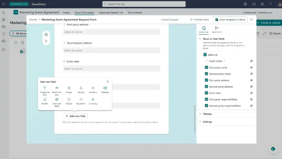 SharePoint document generation form setup: Review the suggested fields.
