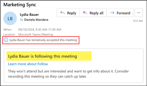 Outlook and Teams organizer view showing a meeting attendee as ‘tentatively accepted’ with a note that the attendee is following.
