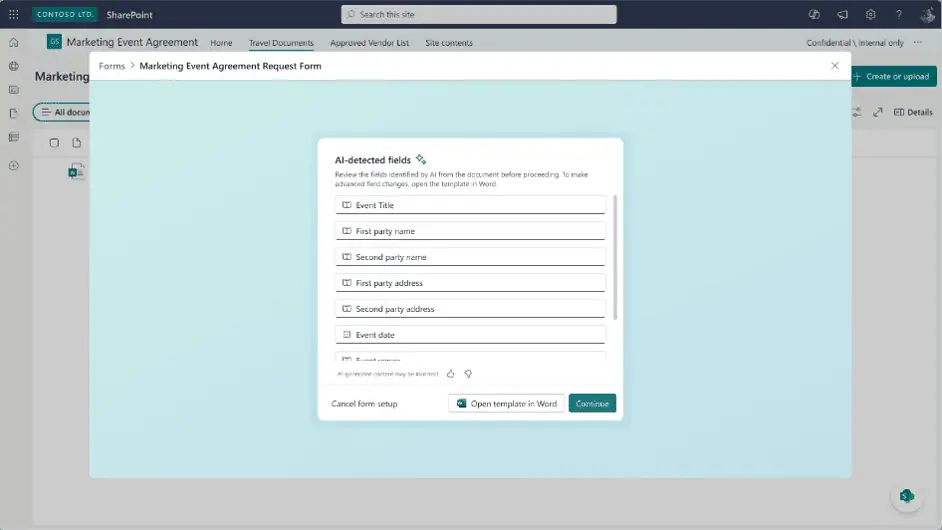 SharePoint document generation form setup: AI Suggested fields