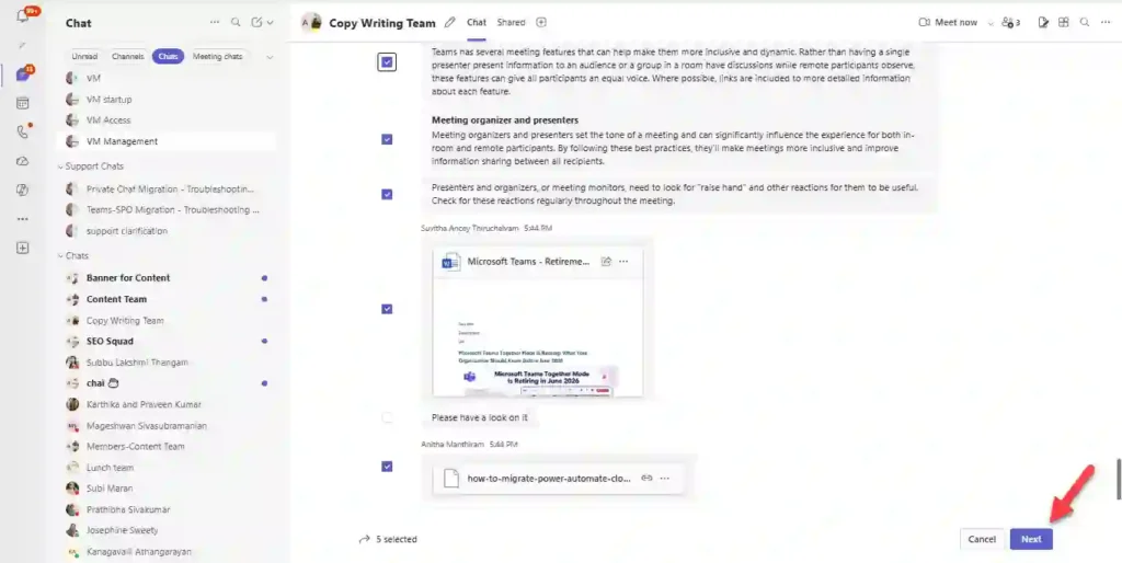 Microsoft Teams chat interface in multi-select mode with checkboxes beside messages, five items selected, and the “Next” button highlighted to proceed with forwarding.