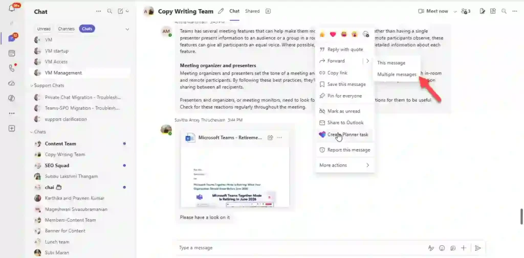 Microsoft Teams chat showing message options menu with “Forward” expanded to “This message” and “Multiple messages,”
