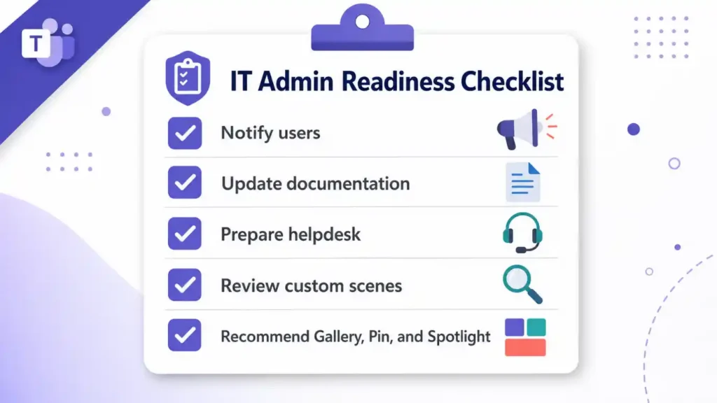 Checklist for IT administrators preparing for Microsoft Teams Together mode retirement.