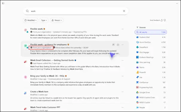 Example of Copilot Search displaying results from an authoritative SharePoint site with the "From your organization" trust indicator.