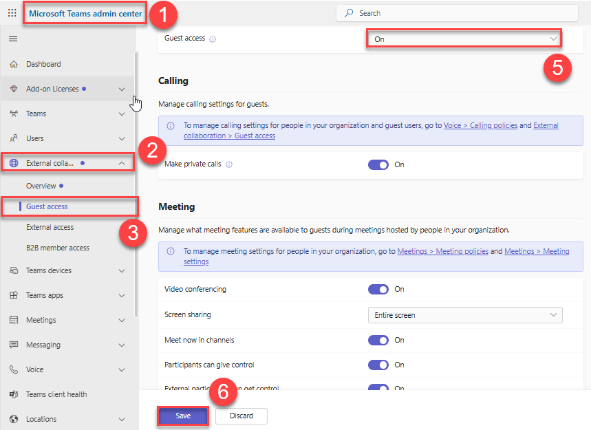 Microsoft Teams Admin Center Guest Access settings showing calling and meeting controls, including private calls, video, screen sharing, and participant control.