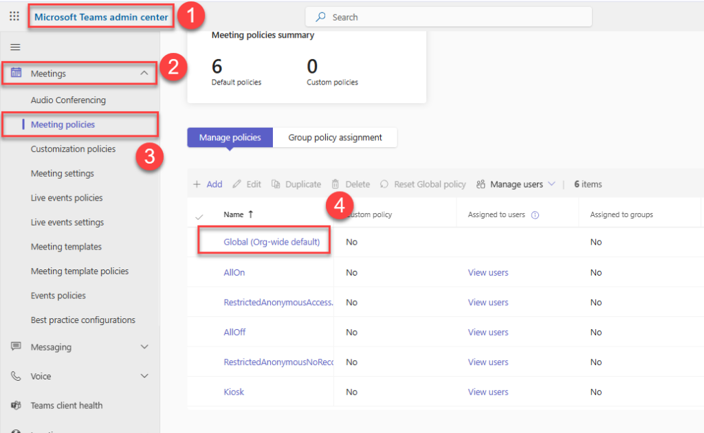 Microsoft Teams admin center showing Meetings > Meeting policies, highlighting the Global (Org-wide default) meeting policy with numbered navigation steps.