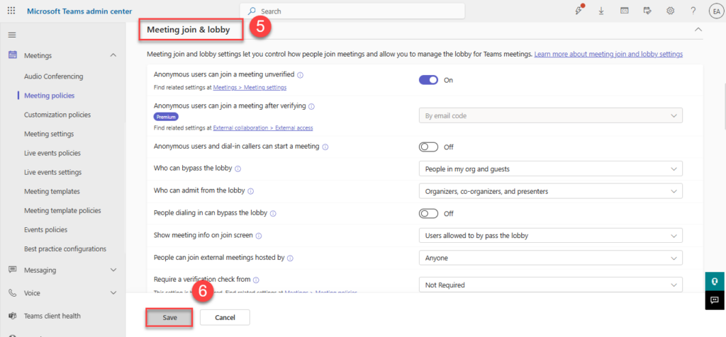 Microsoft Teams admin center showing Meeting join & lobby settings, including anonymous join options, lobby controls, verification settings, and the Save button.