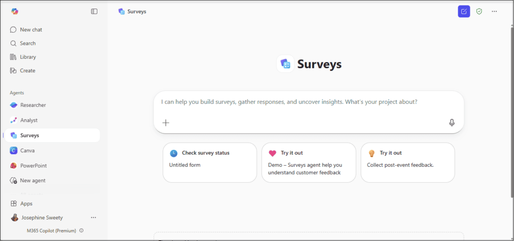 Microsoft 365 Copilot Surveys Agent installation screen for AI survey creation, setup, and enterprise feedback management.