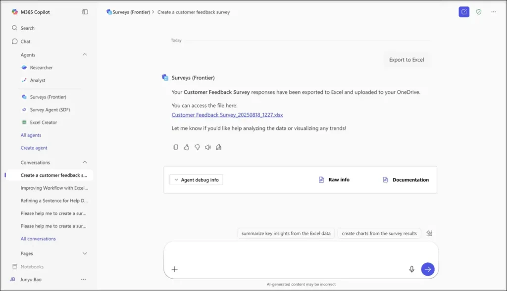 AI survey analysis in Microsoft 365 Copilot with response insights, progress tracking, and export to Excel.