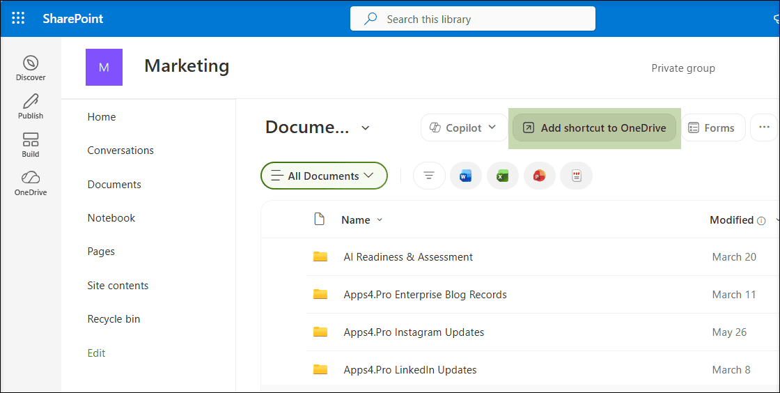 SharePoint: Document Library highlighting ‘Add shortcut to OneDrive’ option.
