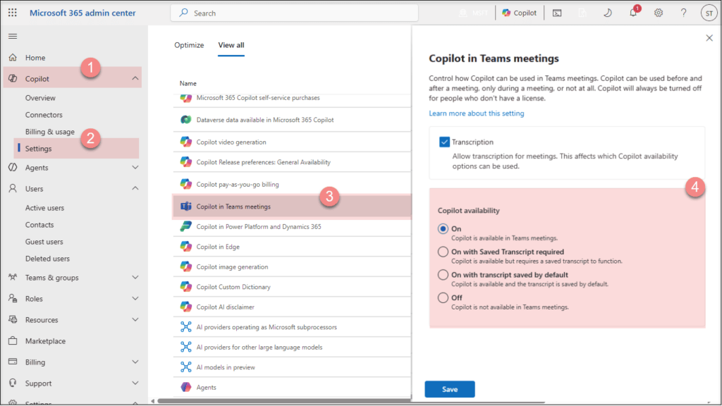 Microsoft 365 admin center Copilot settings for enabling tenant-wide Copilot in Teams meetings.