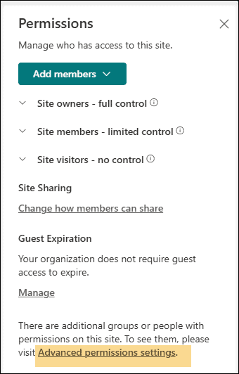 SharePoint site permissions settings highlighting how to navigate to Advanced permission settings.