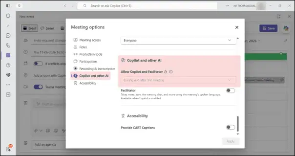 Microsoft Teams meeting options showing organizer setting to enable Recap without saving transcript before a meeting starts.