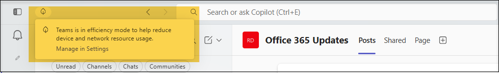 An Efficiency Mode indicator in the Teams app title bar.