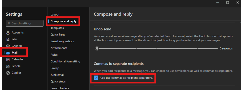 Outlook settings showing ‘use commas as recipient separators’ option in Compose and reply for admin-controlled email recipient formatting.