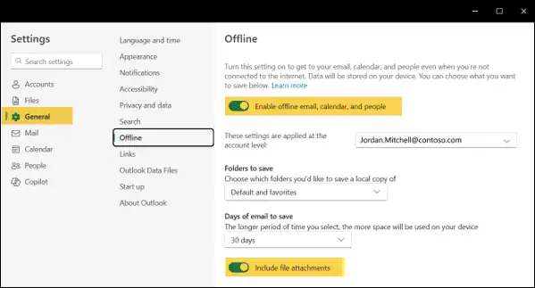 Microsoft Outlook for Windows offline settings showing how to enable offline email, calendar, people, and file attachments.