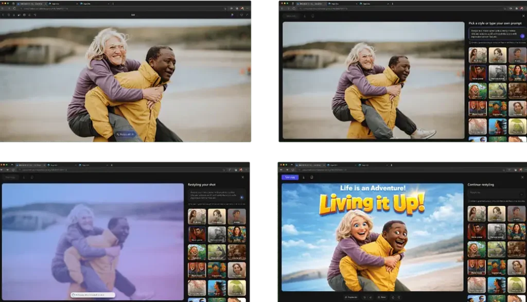 OneDrive AI Restyle transforms a photo into a stylized image on mobile and web.