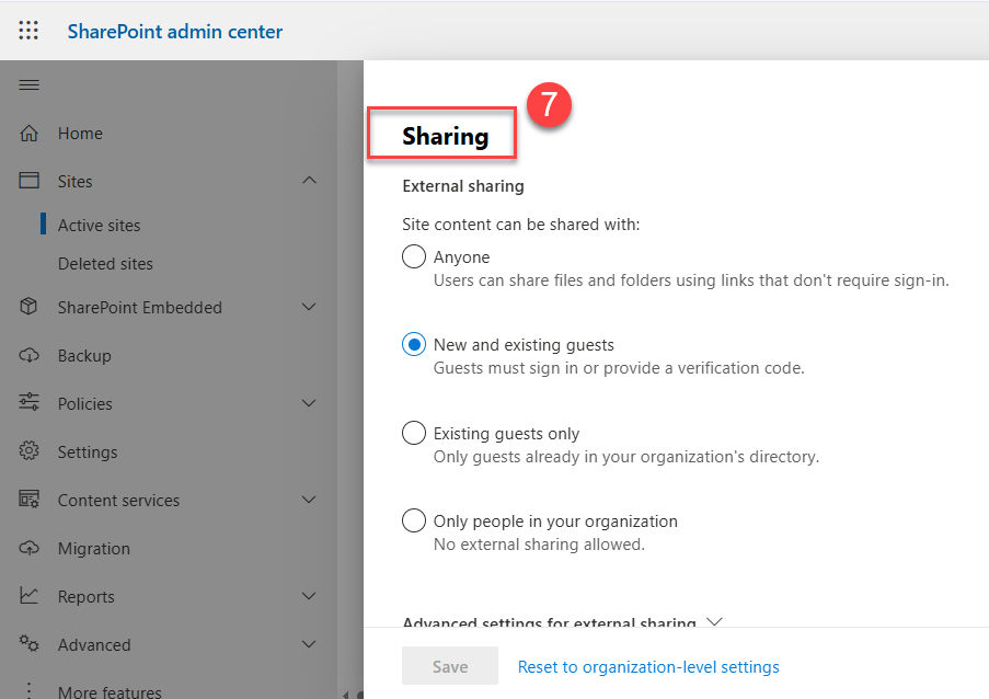 SharePoint admin center Sharing panel showing external sharing options, with New and existing guests selected for the active SharePoint site.