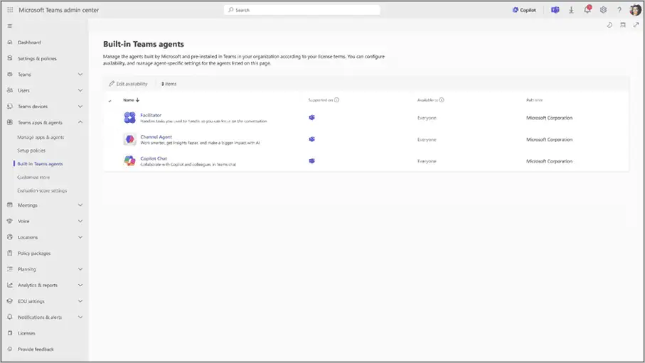 The new experience comes with a dedicated view inside the Teams admin center where built-in agents are listed and controlled.